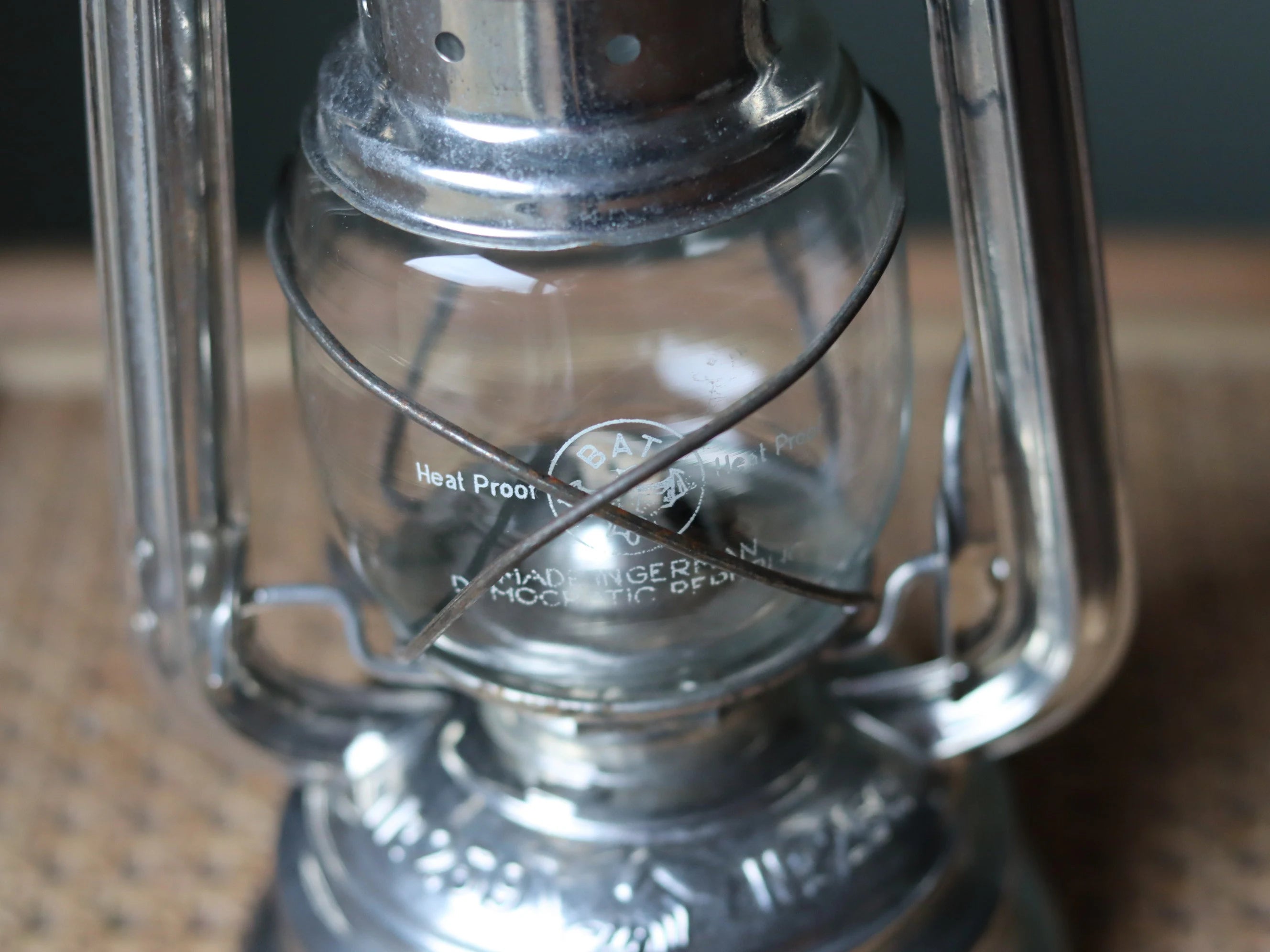 Close-up of Rare New Old Stock Mewa Hurricane Lantern – BAT 259 (1970s/80s) oil lamp with glass and metal details