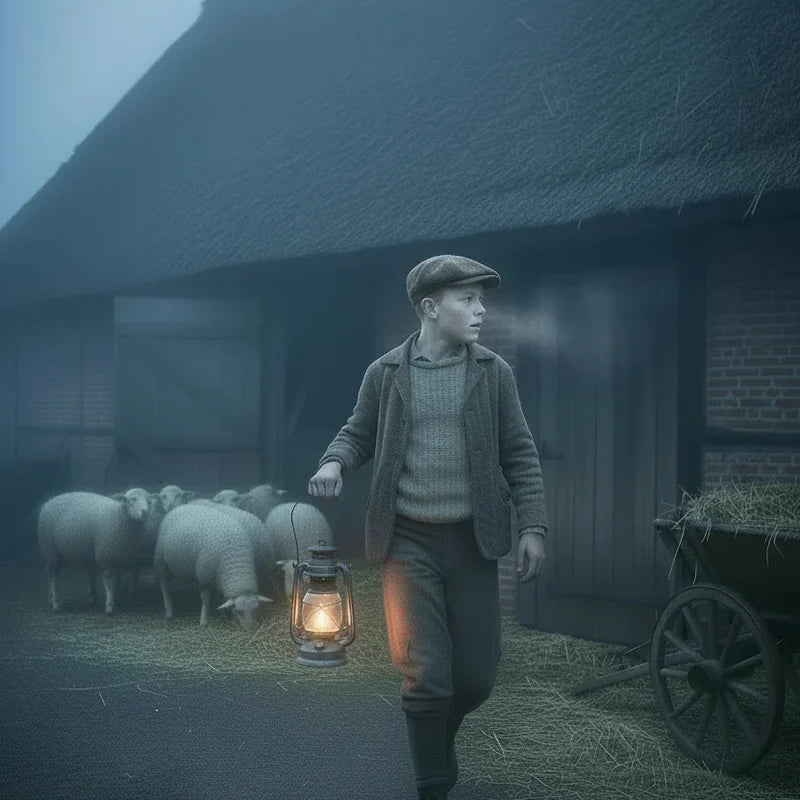 Boy holding a vintage oil lamp glowing warmly, walking near sheep outside a thatched barn at dusk