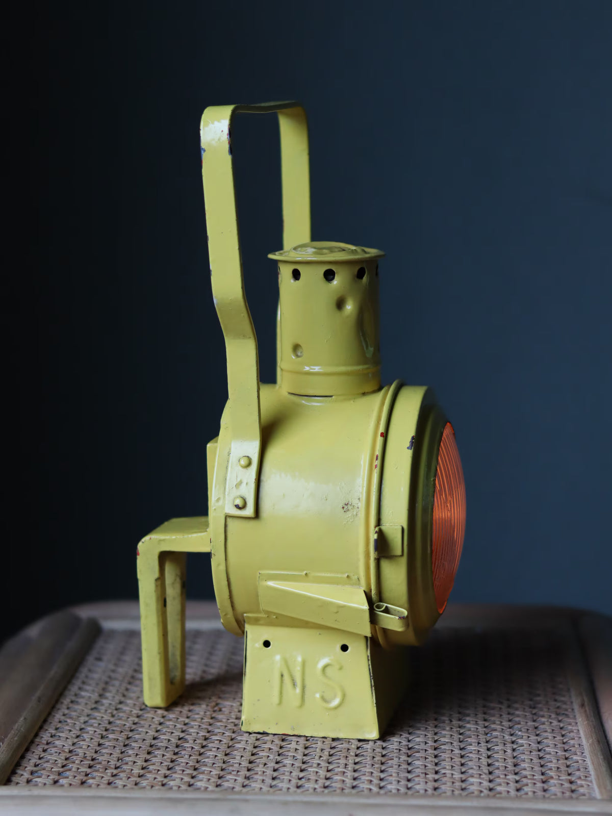 Vintage Dutch Railway Signal Lamp – NS Oil Lantern, 1930s yellow metal oil lamp with orange glass lens and NS marking