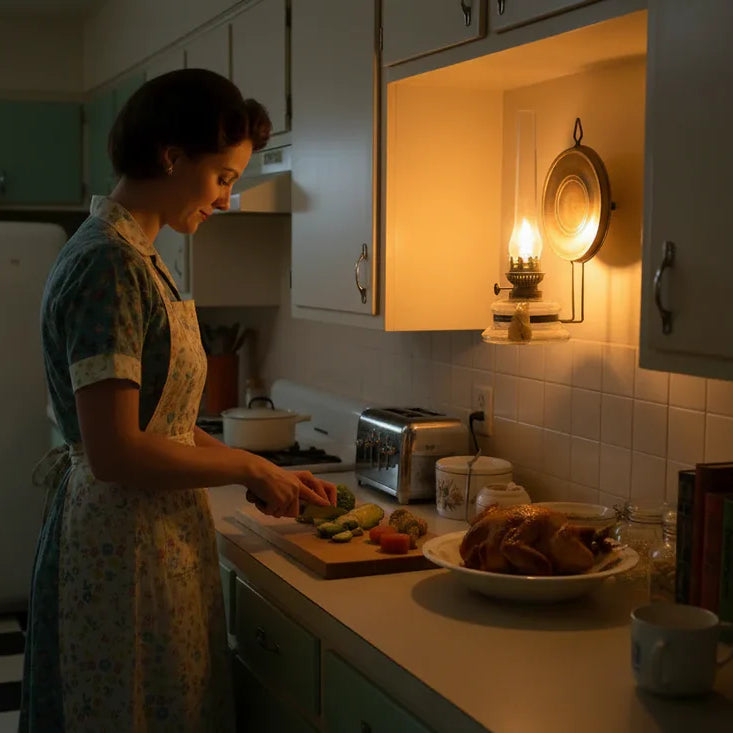 Vintage oil lamp with a glowing flame mounted on a kitchen wall above the counter where a woman is preparing food