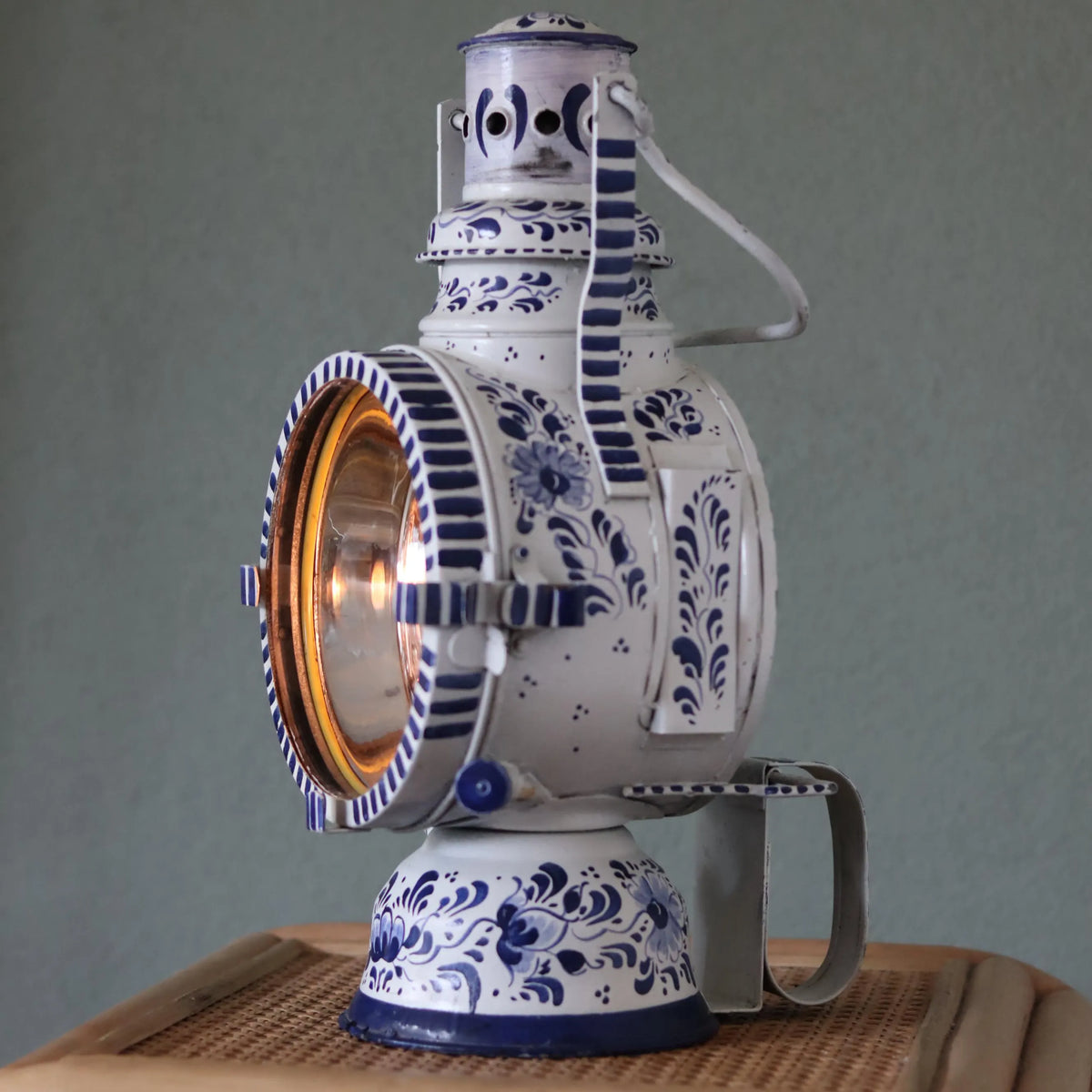 Unique Vintage Train Lantern – A. Sartorius Wuppertal (1975) – Hand-Painted Art Object oil lamp with blue floral design
