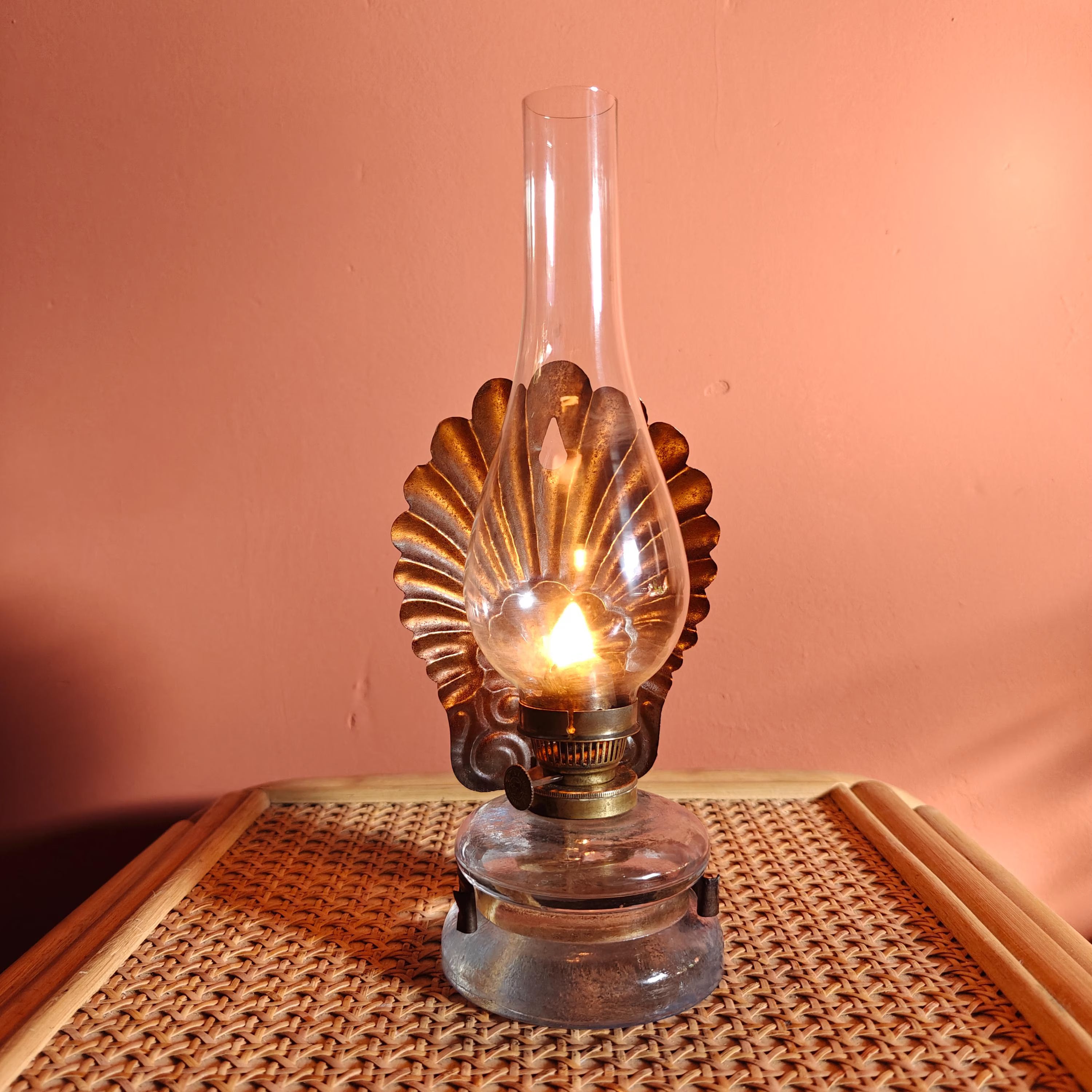 Beautiful Antique Oil Lamp – Wall-Mounted Kitchen Lamp with Ditmar Burner and Unique Reflector Design