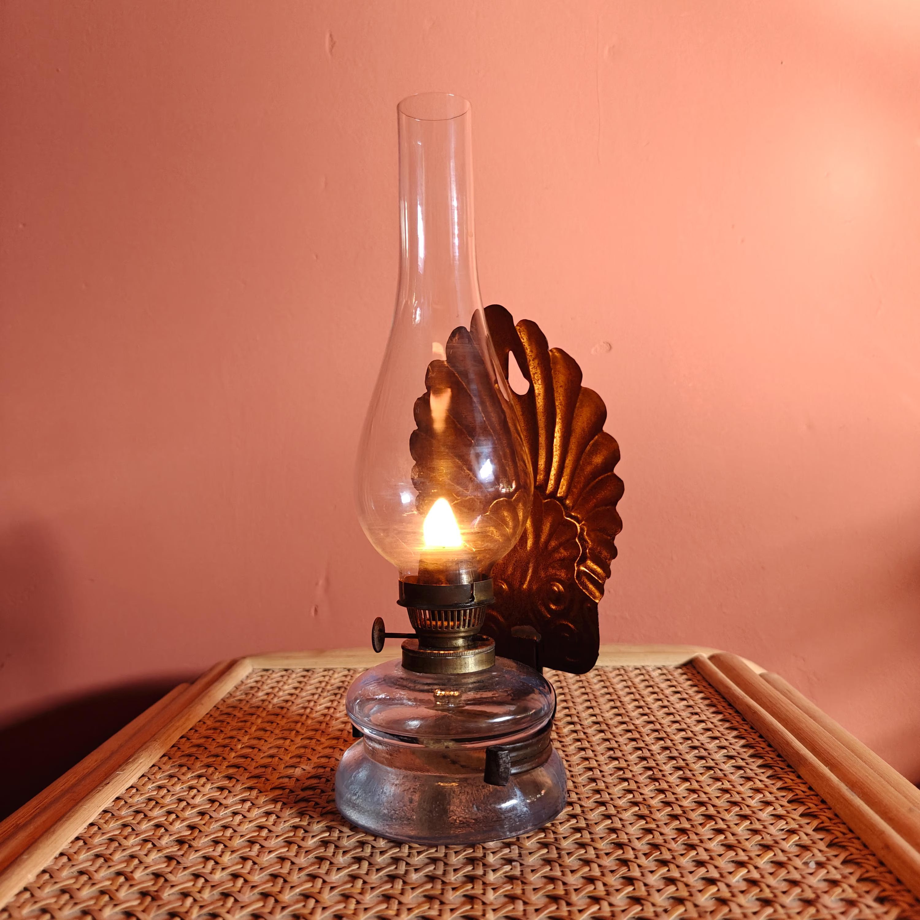 Beautiful Antique Oil Lamp – Wall-Mounted Kitchen Lamp with Ditmar Burner and Unique Reflector Design