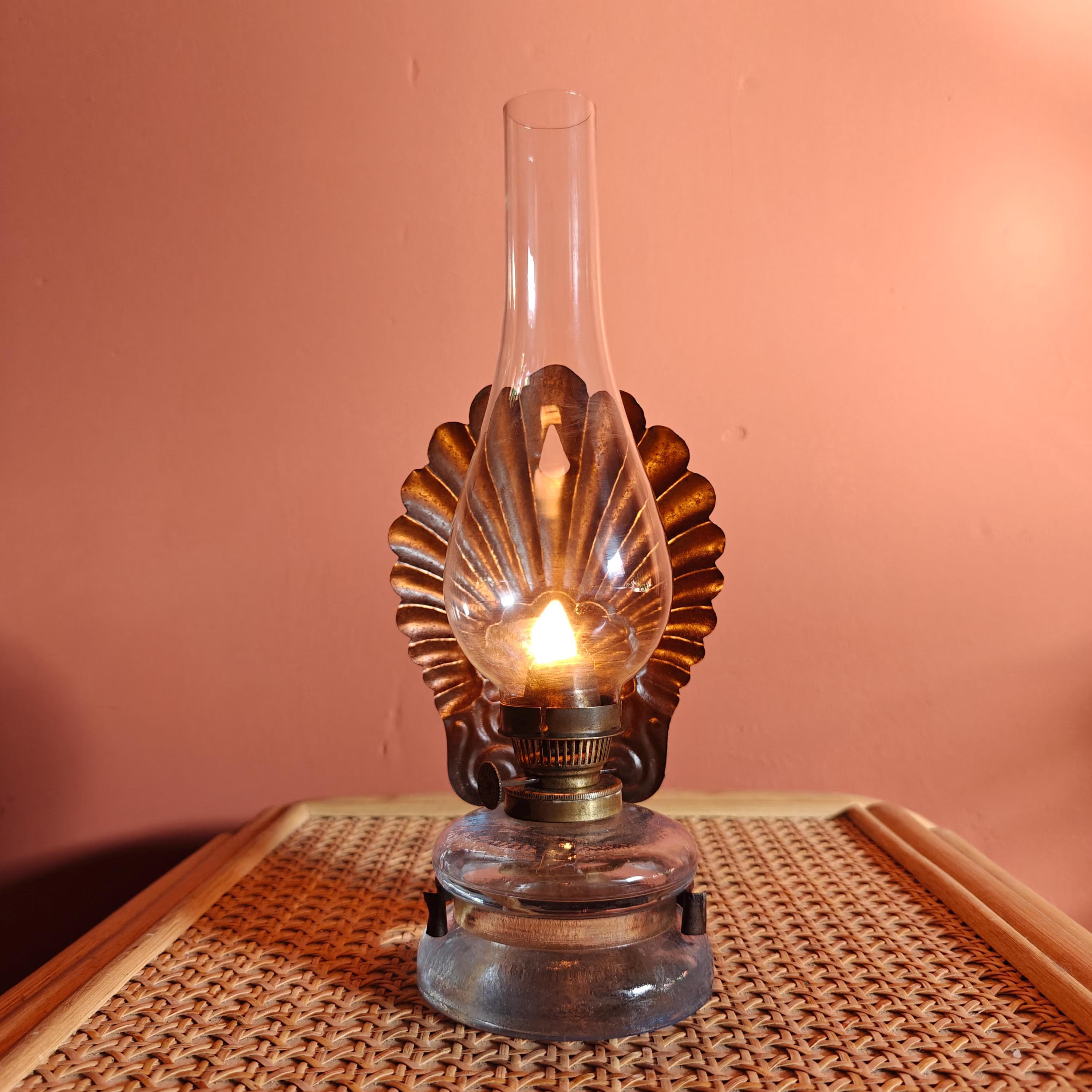 Beautiful Antique Oil Lamp – Wall-Mounted Kitchen Lamp with Ditmar Burner and Unique Reflector Design