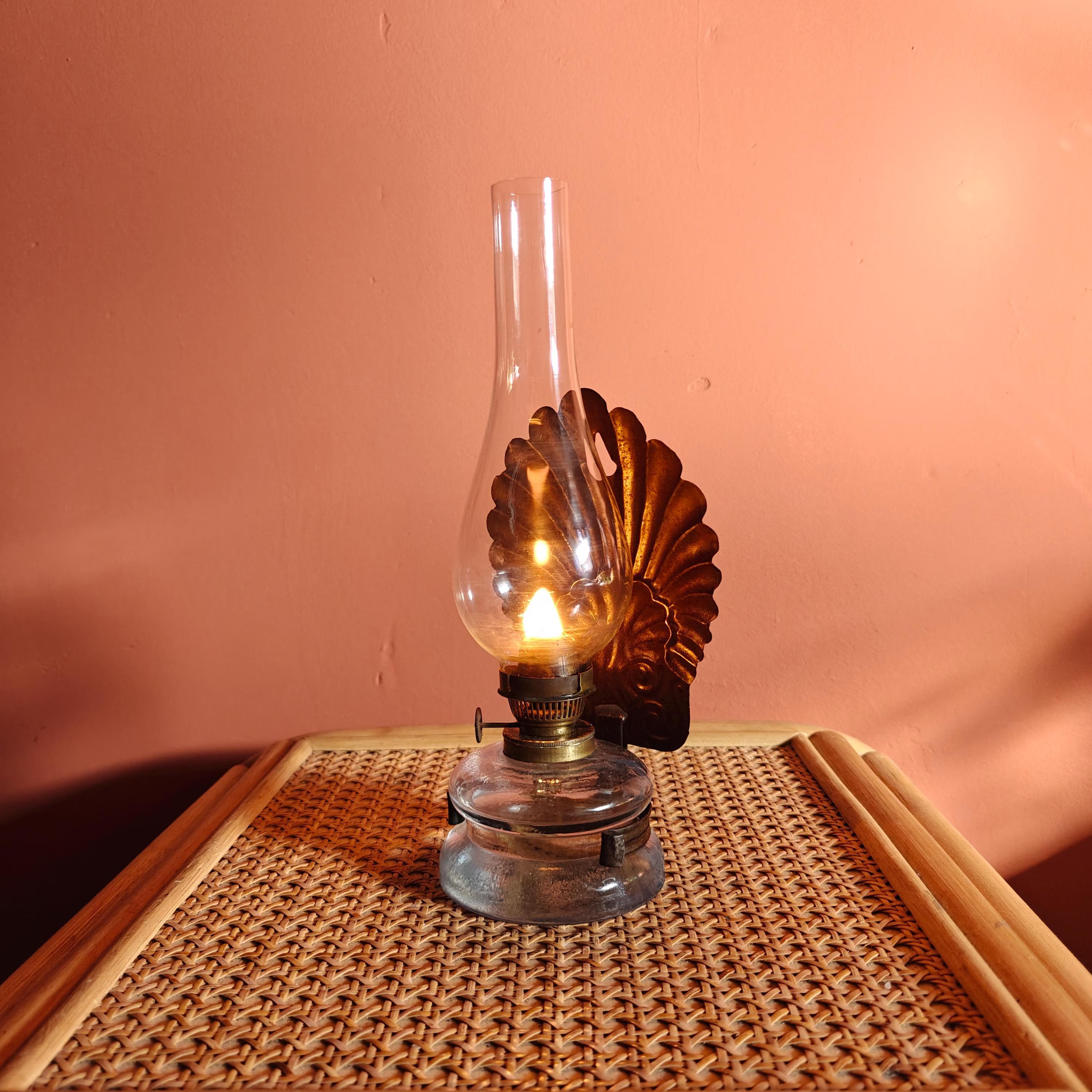 Beautiful Antique Oil Lamp – Wall-Mounted Kitchen Lamp with Ditmar Burner and Unique Reflector Design