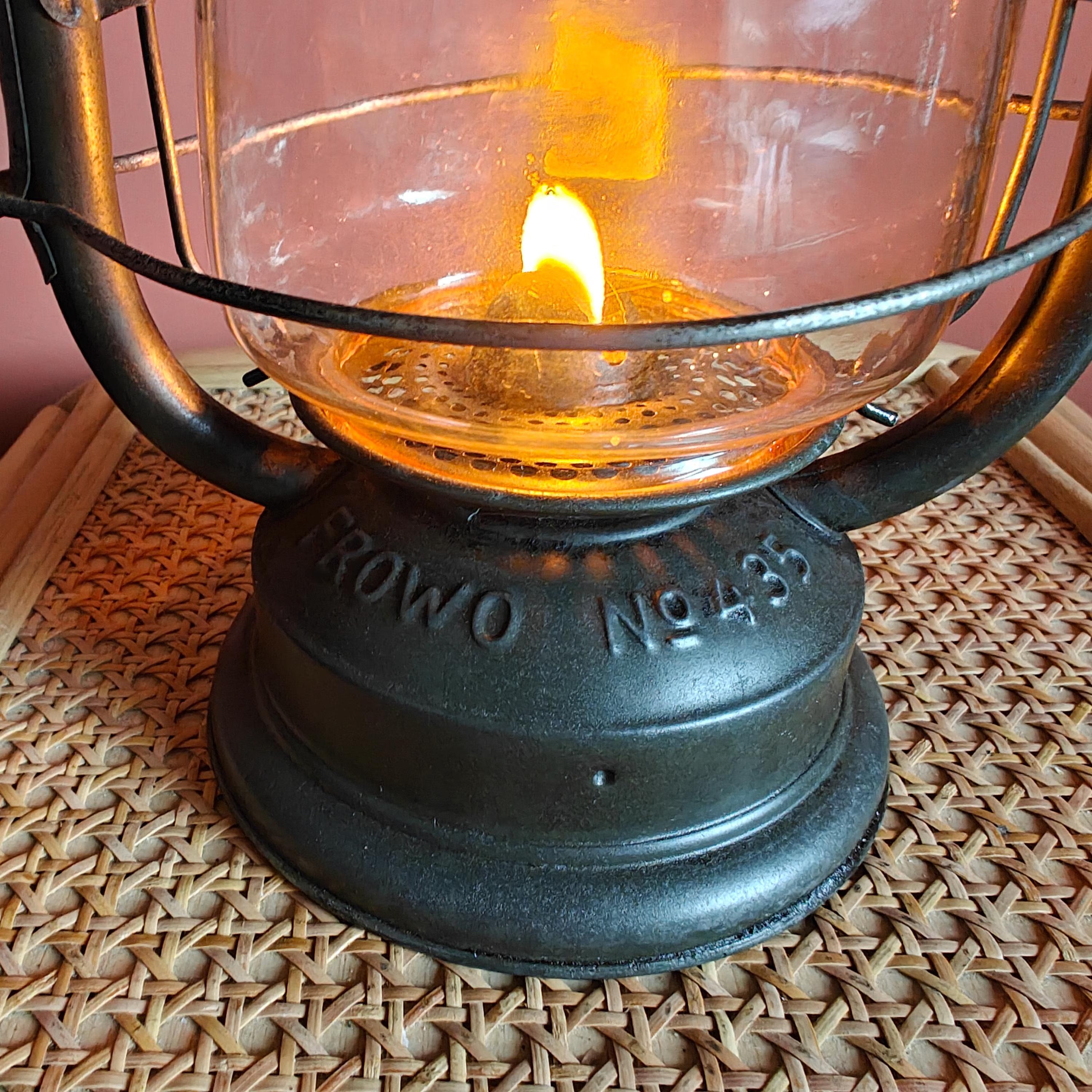 Vintage Frowo 435 Hurricane Lantern – 1960s Original with Marked Glass showing lit oil lamp and brand engraving on metal base