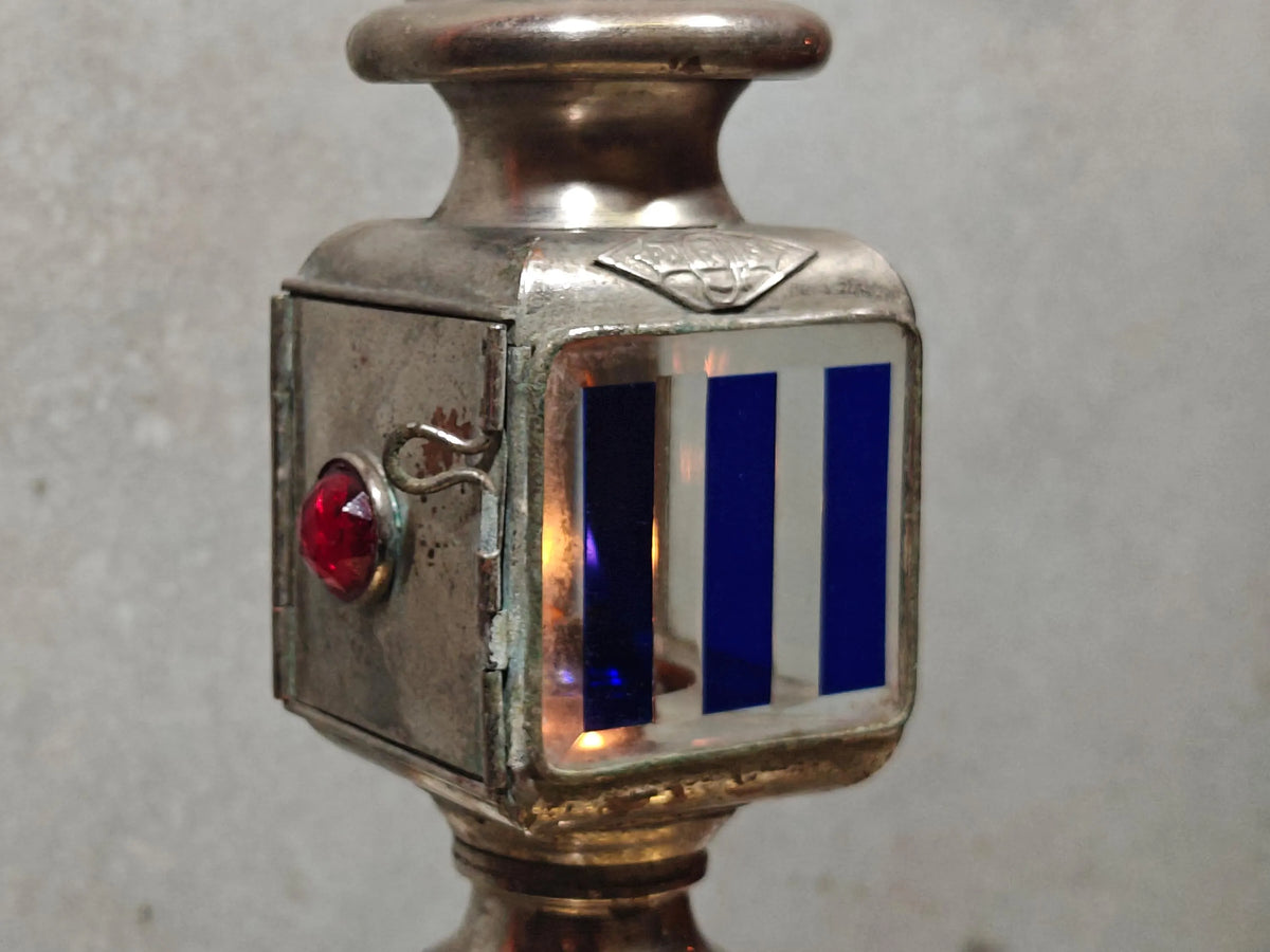 Extremely Rare Vintage Automobile Oil Lamp – Coll. J. Girard, Paris (1920s–1930s) with intricate blue glass panels and red side gem detail