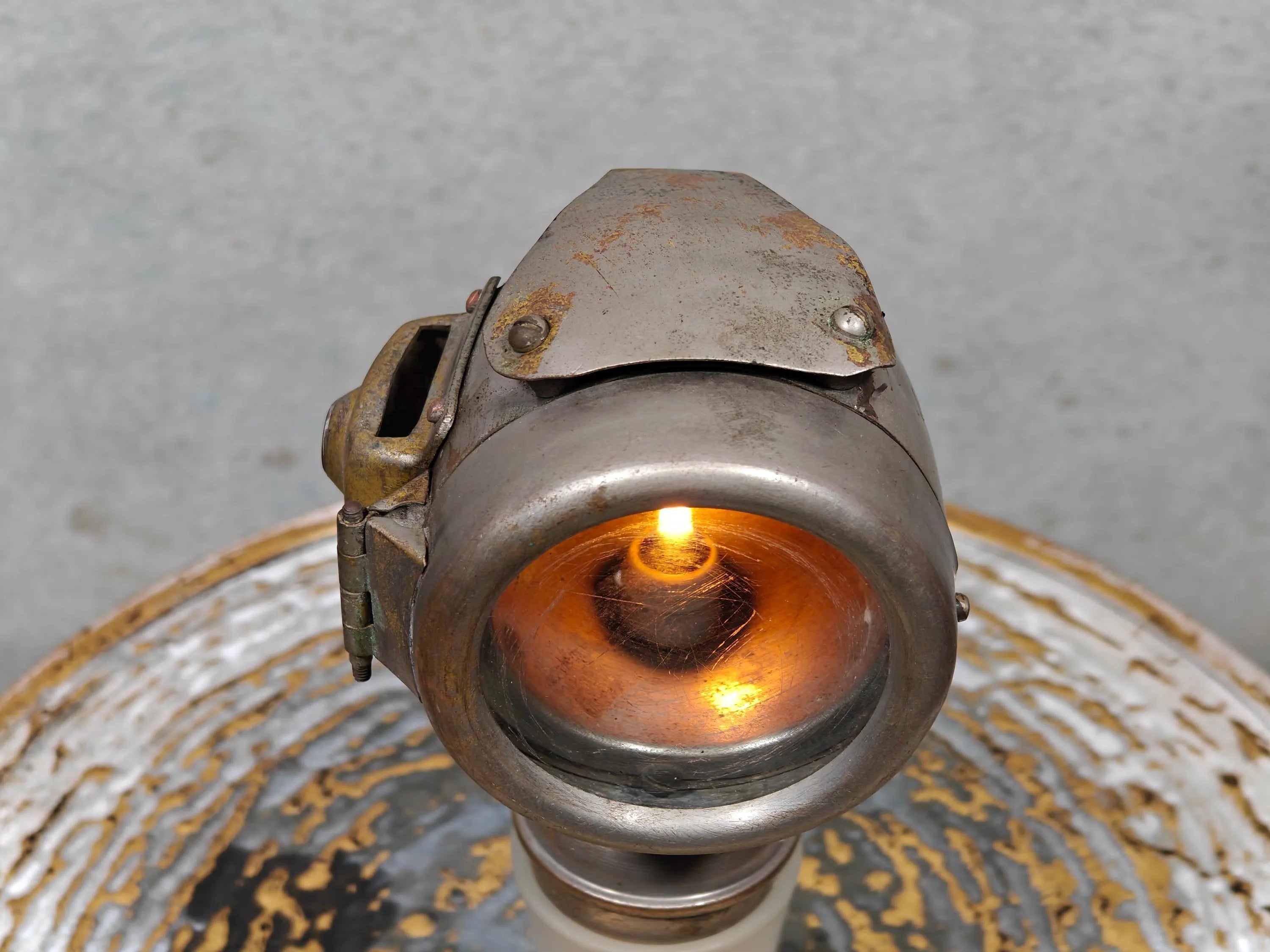 Rare Vintage Automobile Oil Lamp – French Side Lamp (1920s/30s) showing illuminated vintage oil lamp detail