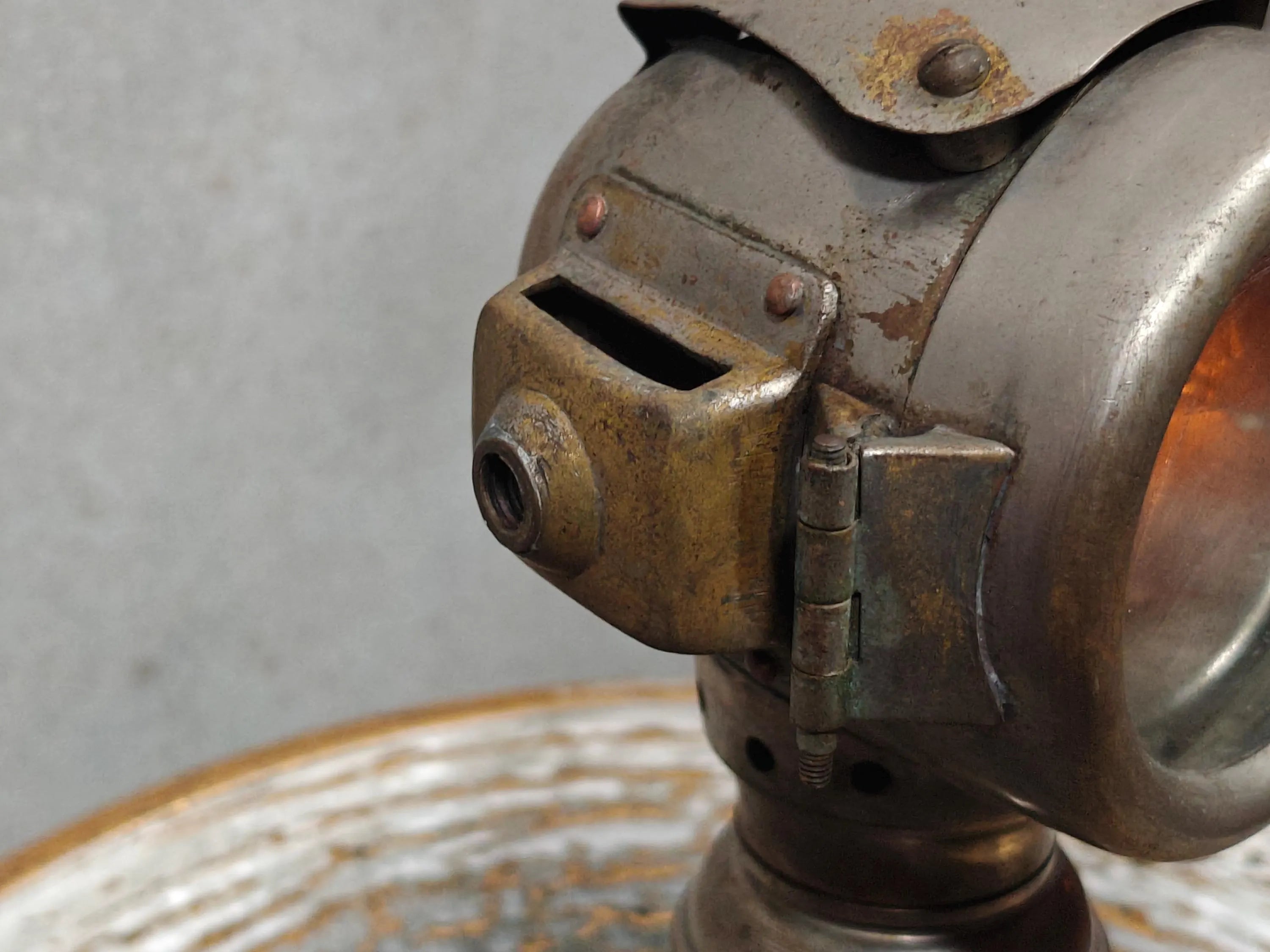 Rare Vintage Automobile Oil Lamp – French Side Lamp (1920s/30s) showing detailed brass and metal side lamp components.