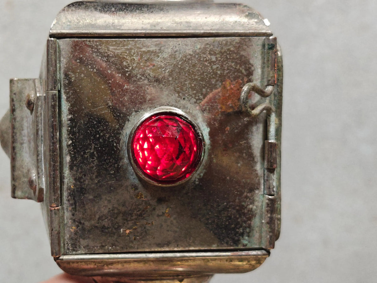 Extremely Rare Vintage Automobile Oil Lamp – Coll. J. Girard, Paris (1920s–1930s) with red glass reflector and metal casing.