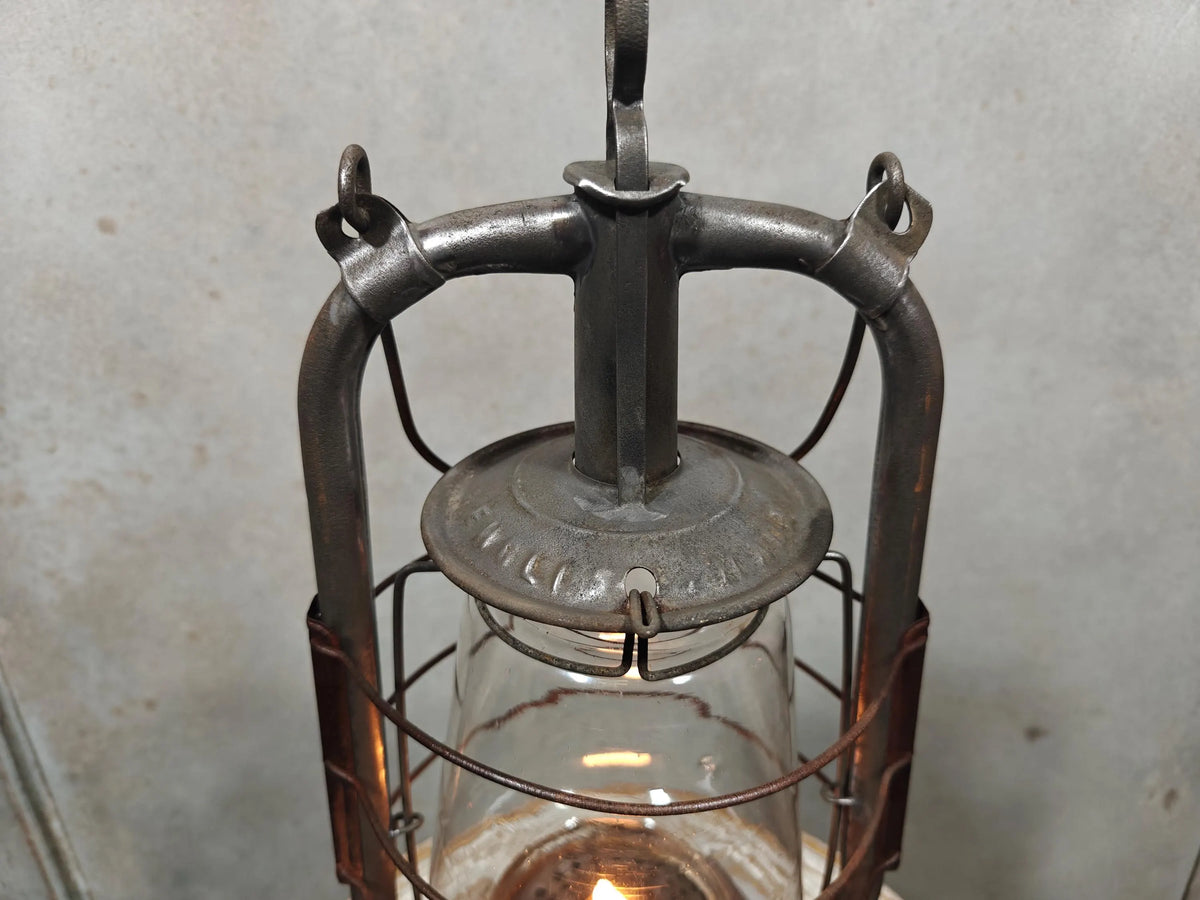 Vintage English Hurricane Lantern – Brass Tank Cap, 1930s Design oil lamp with metal frame and protective glass enclosure