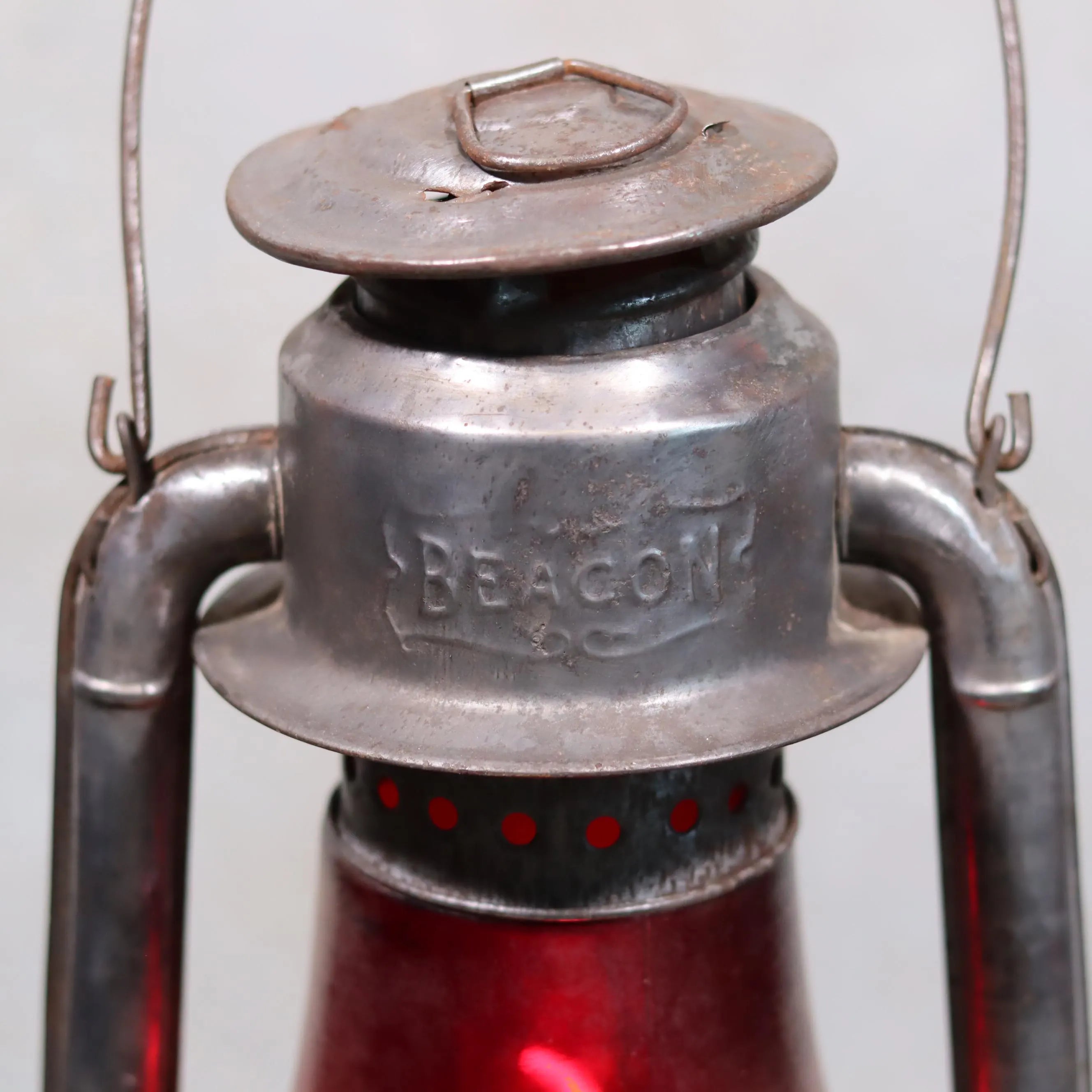 Rare Canadian Beacon Hurricane Lantern – Vintage Red Glass Kerosene Lamp