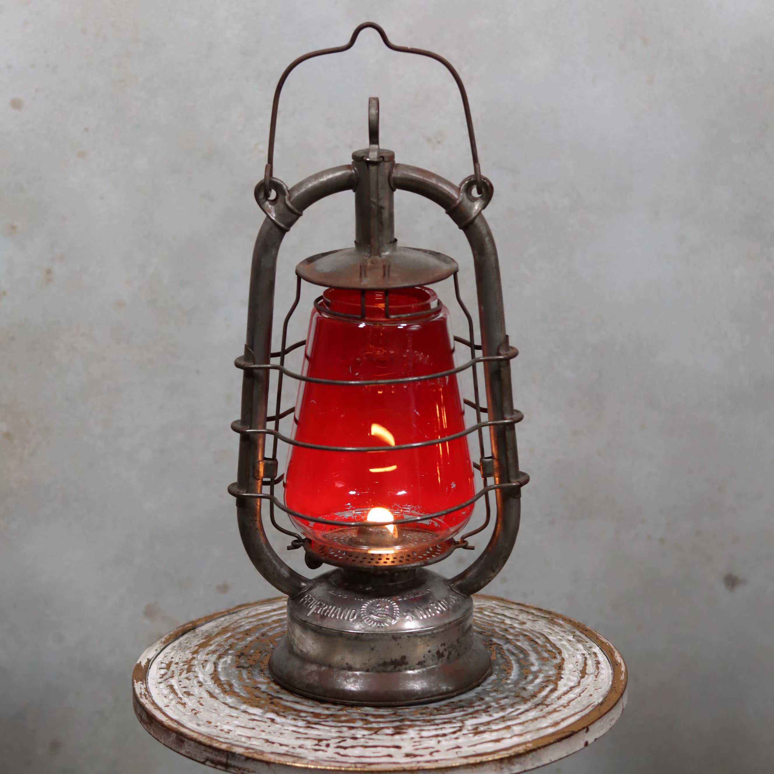 Rare Feuerhand 305 Hurricane Lantern – German Vintage Model (1930–1941) with red glass oil lamp and metal frame design