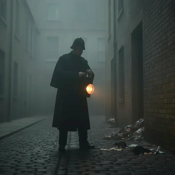 A person holding a vintage oil lamp glowing softly in a foggy, dimly lit narrow alley at night