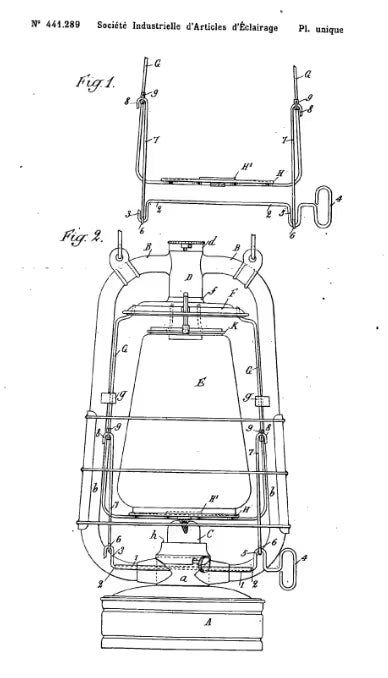 Technical drawing of an oil lamp design showing detailed components and structure with labeled parts