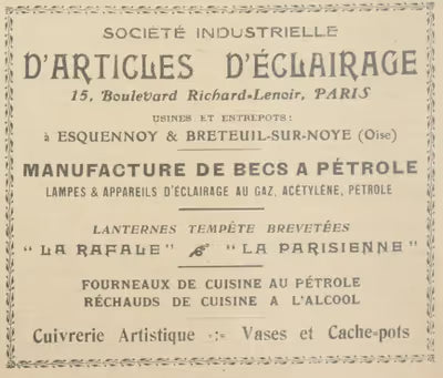 Vintage oil lamp advertisement featuring the brands La Rafale and La Parisienne from Paris manufacturers